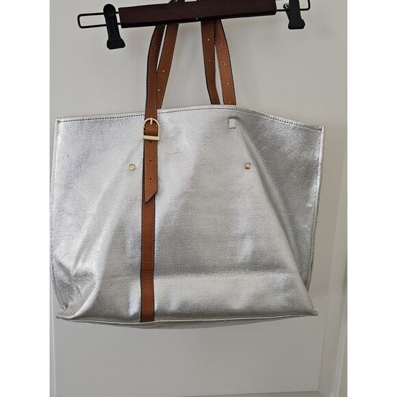 KATE SPADE SATURDAY Silver Metallic Canvas Large Tote Bag Purse Double Straps - Picture 3 of 11